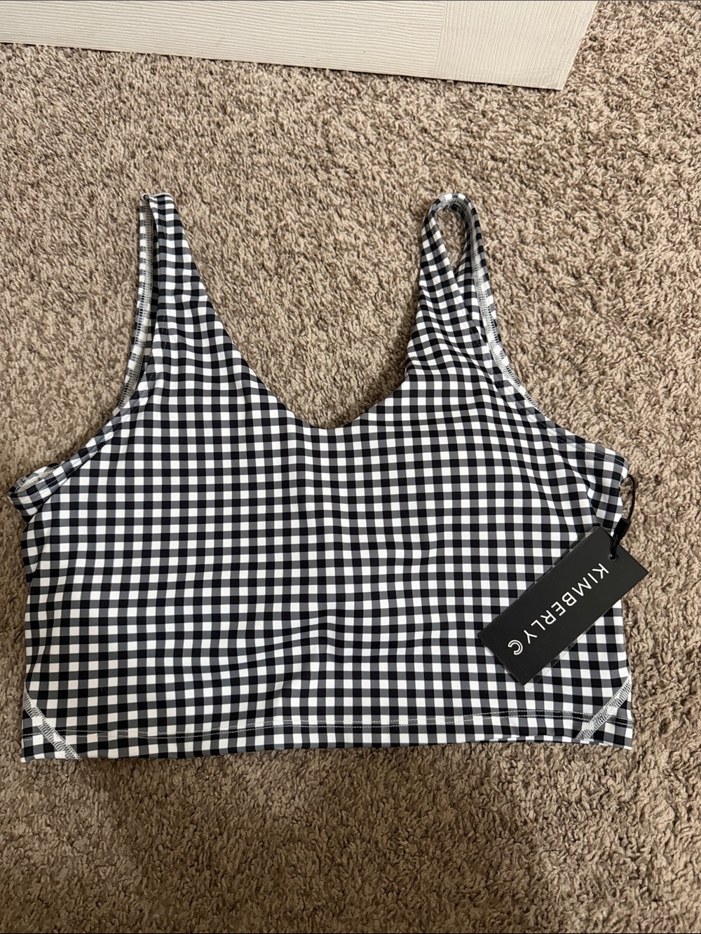 NWT Kimberly C Black and White Gingham Cropped Sports Bra Tank Top Size Large